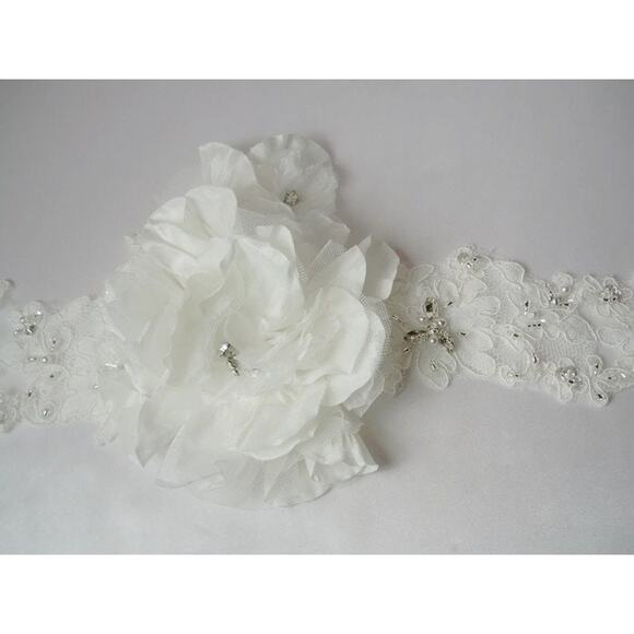 Beaded lace bridal White wedding dress belt, lace bridal dress rhinestone belt main image 6